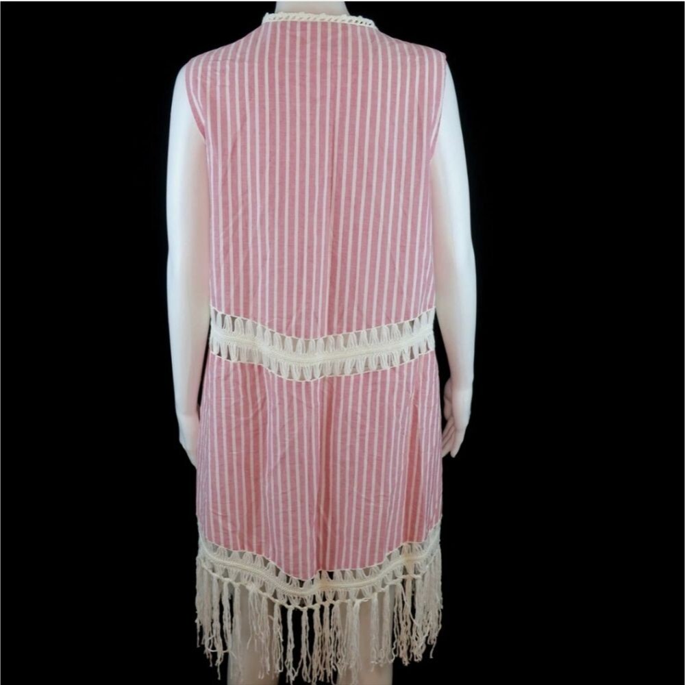 Indigo Thread Co. Striped Woven Crochet & Fringe Trimmed Open Front Duster NWOT - Picture 2 of 5